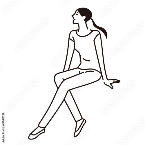 座って風を感じる女性の線画