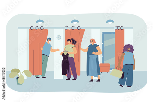 Cartoon people trying on clothes in fitting room. Flat vector illustration. Shop assistant helping customers and bringing garments of different size. Shopping, store, cloth, fashion, boutique concept