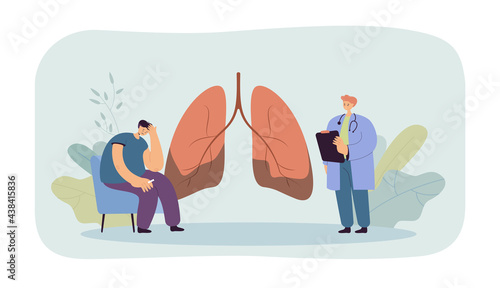 Doctor telling patient about lung disease. Medical worker vocalizing diagnosis of lung cancer to worried sad man with cigarette. Medical concept for banner, website design or landing web page