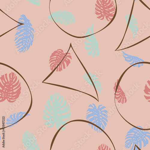 Leaves vector contours, pink green blue modern trendy floral seamless pattern, hand-drawn. Geometric abstract background