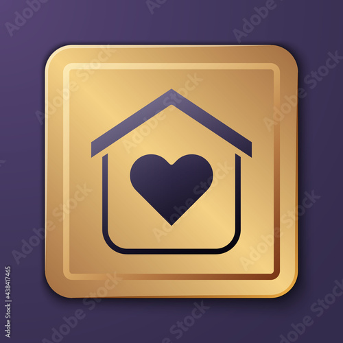 Purple Shelter for homeless icon isolated on purple background. Emergency housing, temporary residence for people, bums and beggars without home. Gold square button. Vector