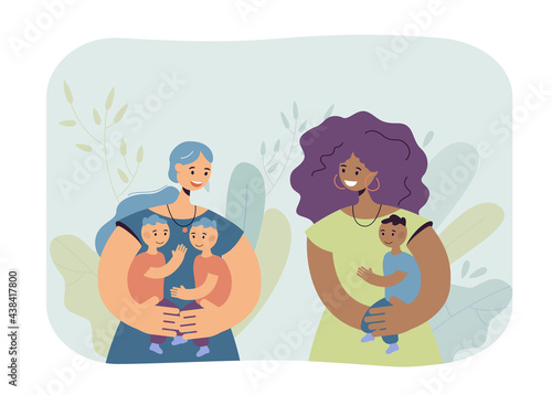 Women with children talking together. Mothers from different countries holding babies flat vector illustration. International communication  family  parenting concept for banner  website design