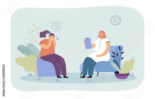 Woman crying at therapy session. Psychologist listening to depressed female character flat vector illustration. Mental health, psychology concept for banner, website design or landing web page