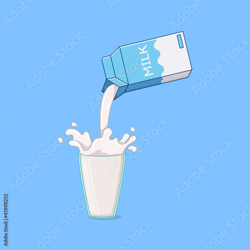 Milk box is poured into glass  vector.  illustration of milk box and glass.