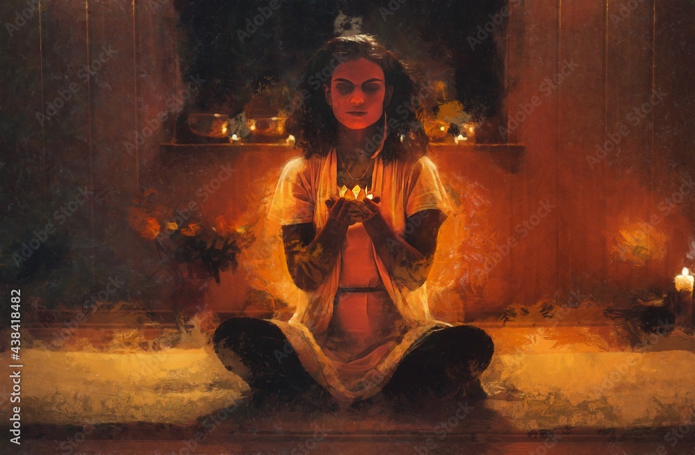 beautiful meditating woman with candles in her hand. Painting effect. beautiful meditating woman with candles in her hand. Painting effect.