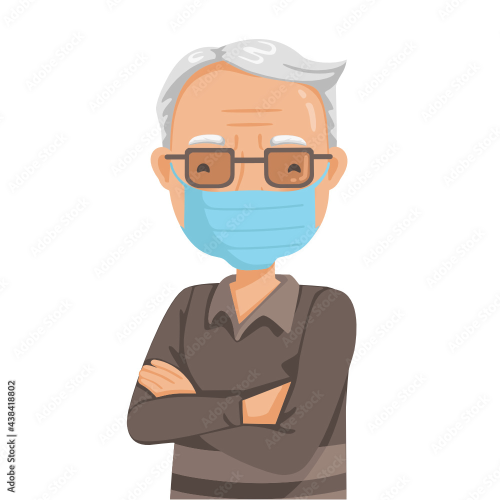 Elderly man mask. Old man's face mask cross one's arm. Character of granddaddy.