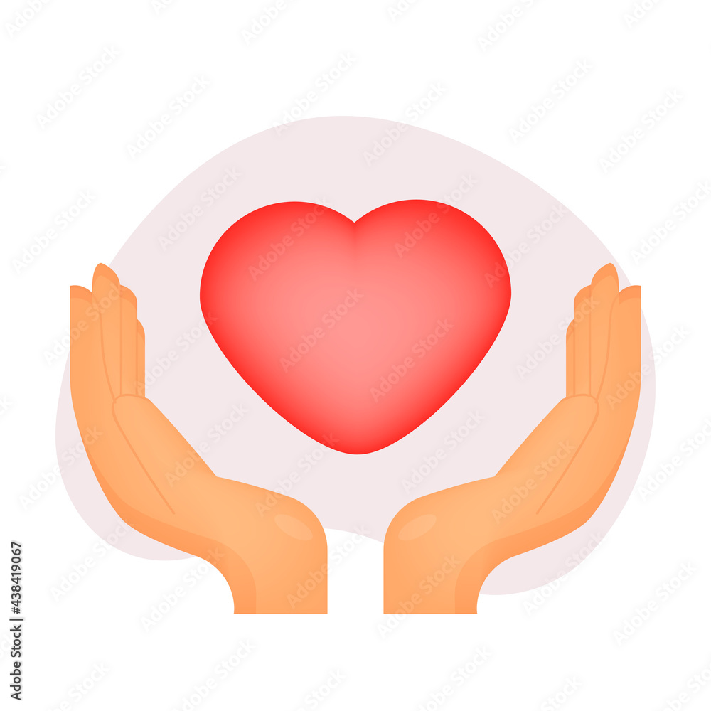 Vector heart and hands. Drawing of two hands and heart. Flat design. Red heart illustration. Vector heart and hands. Drawing of two hands and heart. Flat design. Red heart illustration.