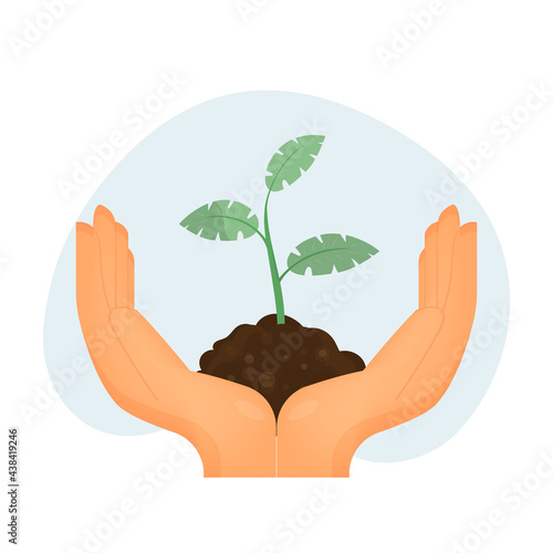 Green plant sustainability illustration and environmental problem symbol with hands holding tiny plants. Isolated, vector illustration.