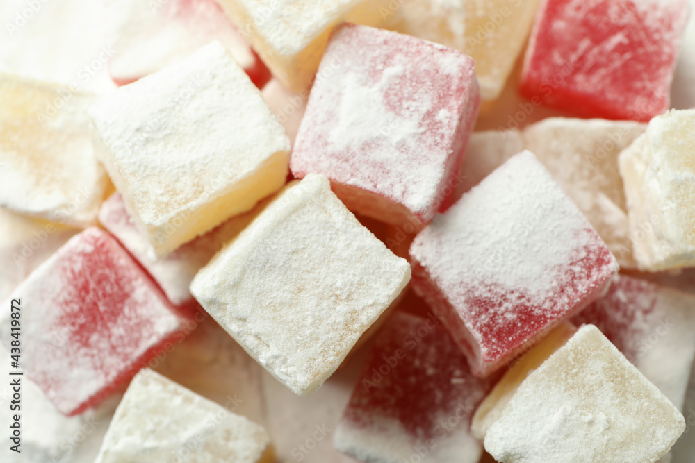 Delicious turkish delight cubes, close up and selective focus Delicious turkish delight cubes, close up and selective focus