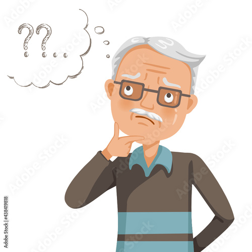 Elderly man thinking looking up and reflecting. Pensive grandfather find successful solution.