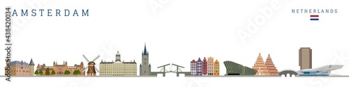 Amsterdam monument buildings city skyline and landmarks colorful vector illustration.