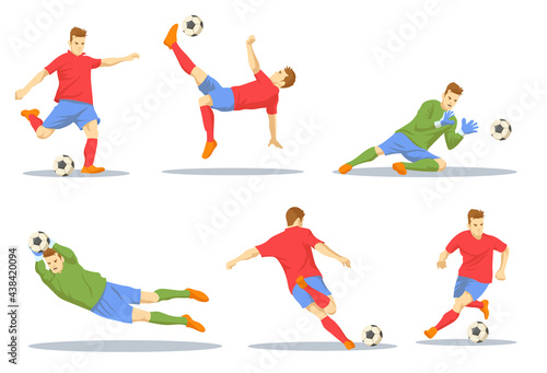Set of football players in different poses. Cartoon vector illustration. Attacking players and goal-keepers playing football, defending goalposts or scoring goal. Football, sport, action, goal concept