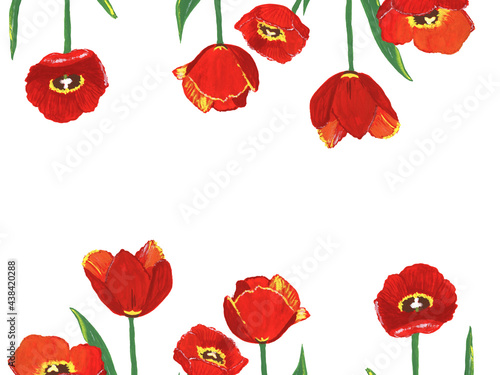 Gouache red tulips on white background, horizontal, free space for your text © Elena