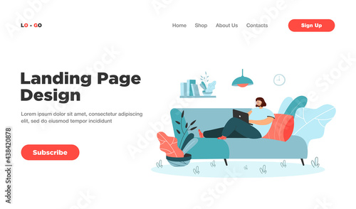 Woman using computer to surf internet. Girl with laptop sitting on sofa and working at home. Vector illustration for relaxing, free time or freelance concept