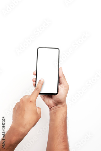 Hand holding a smartphone on a white background.