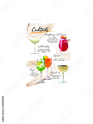 Cocktails set menu with illustrations and components