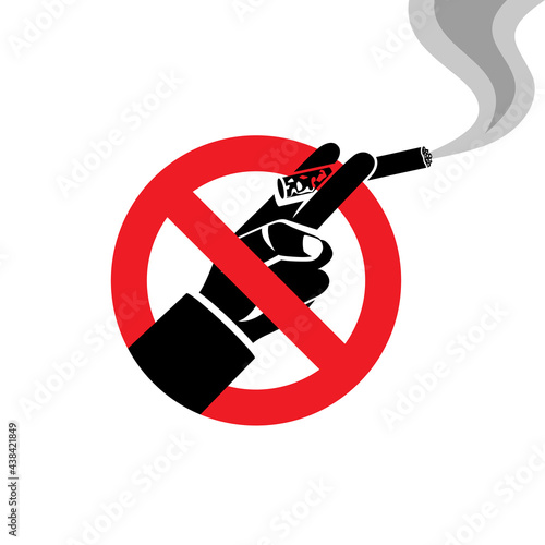 Do not smoke. Red sign prohibiting smoking cigarettes. Black silhouette of a cigarette with smoke. Restriction in a public place. Vector illustration flat design. Isolated on white background.