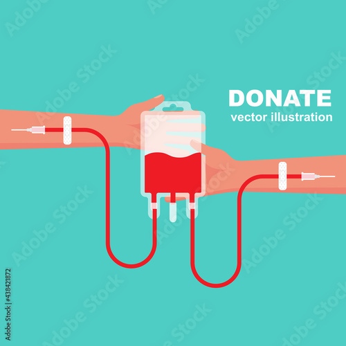 Blood donation concept. Blood transfusion with hands in hand. Vector illustrations flat design. Blood donor day. Template for web design and print.