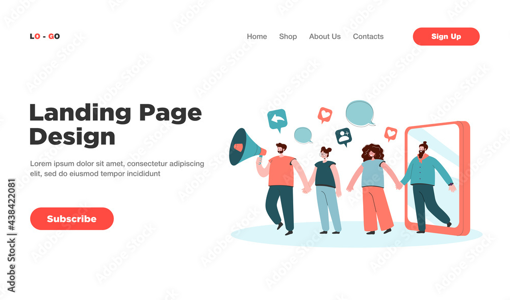 Referral marketing strategy. Man attracting people with megaphone, friend loyalty program flat vector illustration. Teamwork, attracting audience concept for banner, website design or landing web page