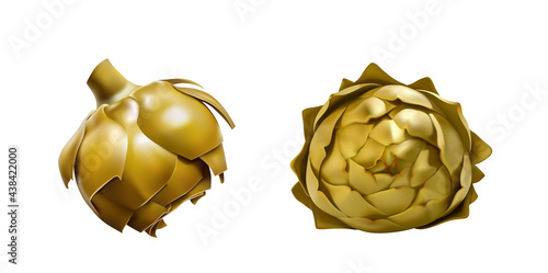 Coocked, steamed globe artichoke flower realistic 3d vector illustration set. Shiny, glossy golden artichokes side wiew isolated on whive background. Cutted half of prepared artichoke, bio, diet, 