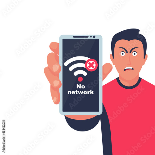 No connection, on the screen of the smartphone. Angry face young guy. Wi-fi sign with off signal. No internet symbol. Vector illustration flat design. Isolated on white background. Wi-fi pictogram.