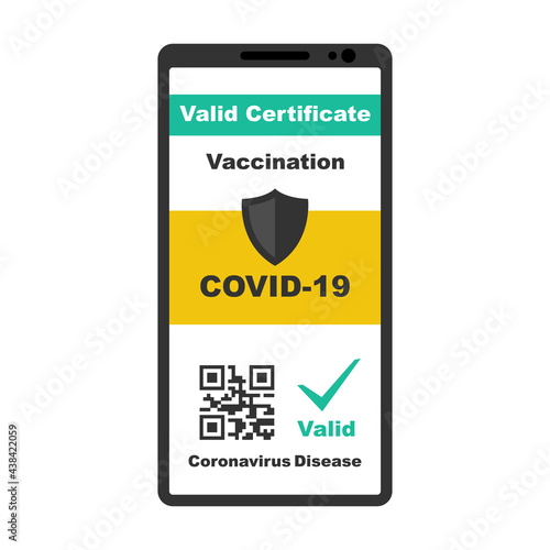International Certificate of Vaccination Covid-2019. Valid Certificate. Digital passport vaccination. Vector illustration flat design. Isolated on background. Smartphone with QR code on the screen.