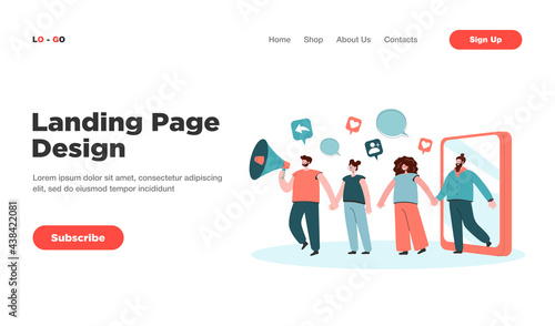 Referral marketing strategy. Man attracting people with megaphone, friend loyalty program flat vector illustration. Teamwork, attracting audience concept for banner, website design or landing web page