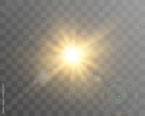 Sun on a transparent background with rays and glare vector illustration.	