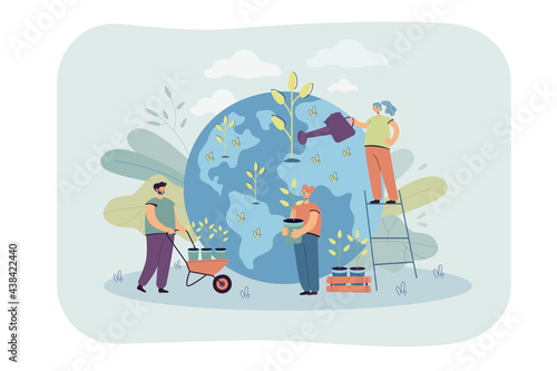 Tiny persons planting and watering trees together. Planet with green plants flat vector illustration. Agriculture, reforestation, ecology, teamwork concept for banner, website design or landing page