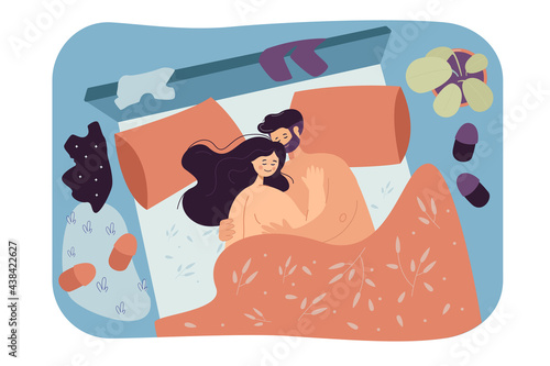 Loving couple lying in bed together. Flat vector illustration. Man and woman cuddling after sex with clothes scattered on floor. Intimacy, sex, love, relationship, romance concept for banner design