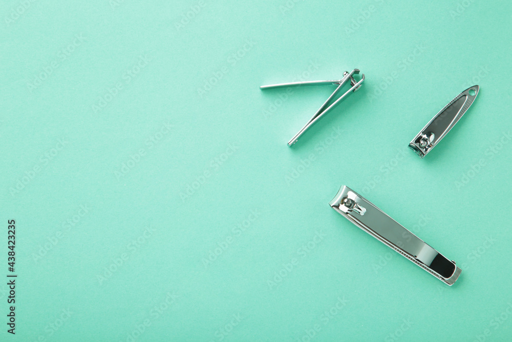 Nail clippers on a mint background. Minimalism Nail clippers on a mint background. Minimalism