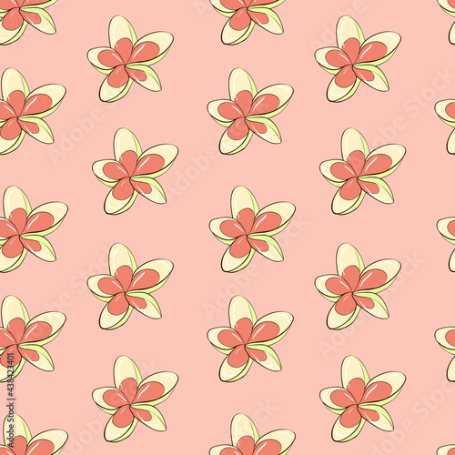 Seamless background with tropical plants in pink colors. A delicate plumeria flower. The symbol of Thailand. Stock illustration.