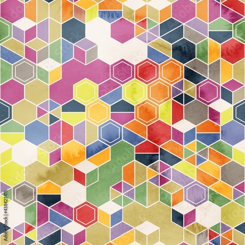 Seamless pattern of hexagons in random colors in watercolor. High quality illustration. Tile mosaic arrangement of triangles, trapezoids, and hexagons, in honeycomb arrangement. Design for print.