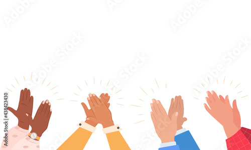  Diverse people applauding vector illustration. Colorful men and women clapping hands isolated on white background. Multinational audience demonstrate greeting, ovation or cheering gesture, support.