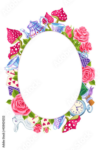 Alice in Wonderland. White rabbit, playing cards, pocket watch and key, teapot and cup, mushroom and poison on white background. Frame and place for text. Follow the white rabbit