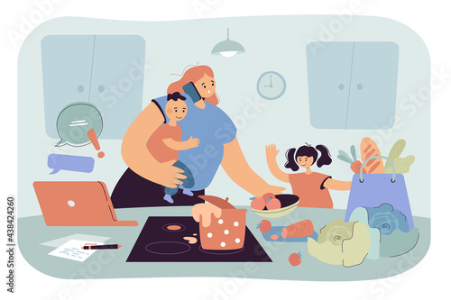 Busy mom holding baby and doing tasks. Woman working, caring for kids, cooking at home, chaos flat vector illustration. Family, motherhood concept for banner, website design or landing web page