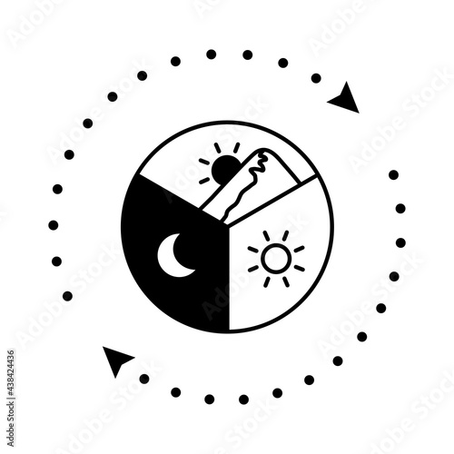 24時間のイメージイラスト、朝昼夜。ドット矢印（線画、黒）