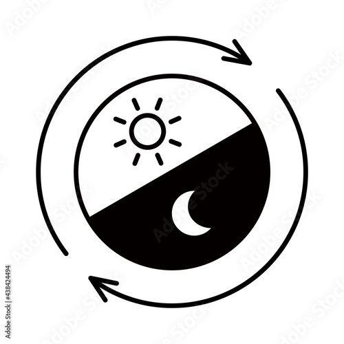 24時間のイメージイラスト。朝と夜、矢印（線画、黒）