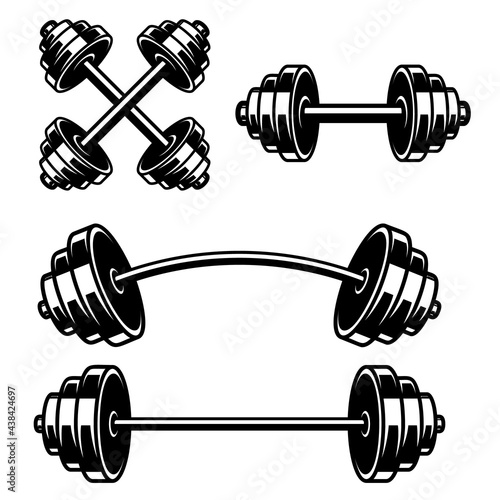 Set of illustrations of gym barbells. Design element for logo, label, sign, emblem, poster. Vector illustration