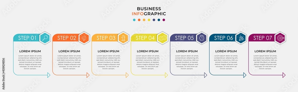 Vector Infographic design business template with icons and 7 options or steps. Can be used for process diagram, presentations, workflow layout, banner, flow chart, info graph