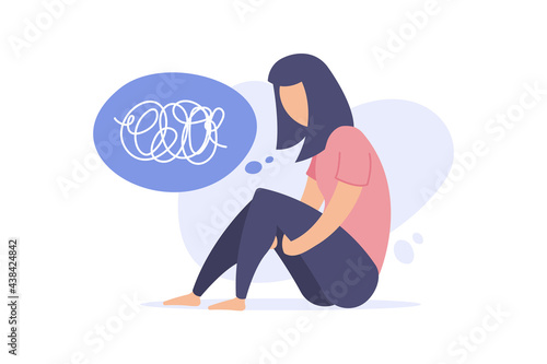 Young woman sitting, feeling depresion. Mental health issues concept. Vector illustration in flat style