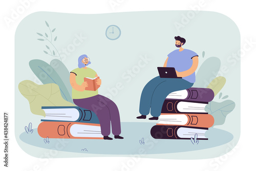 Tiny people reading books. Woman reading paper books. Man sitting with laptop. Self-education, school, knowledge concept for banner, website design or landing web page