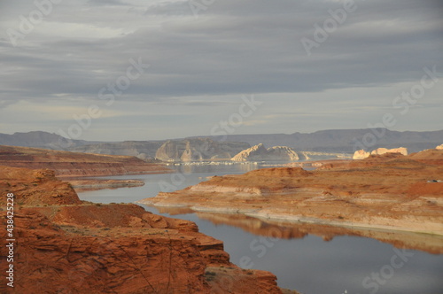 Lake Powell is a man-made reservoir on the Colorado River in Utah and Arizona, View from the Glen canyon dam, United States 