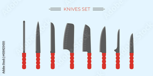 Knives set for kitchen and outdoor cooking. Popular knives for cutting and cook.BBQ utensils tools. Steak, cleaver,boning,santoku,slicing,carving, shef knife.Colorful flat isolated vector illustration