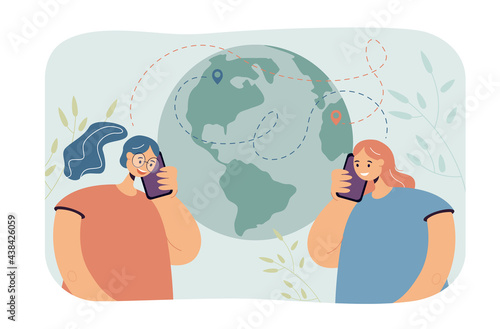 Friends from different continents talking on phone. Female characters with mobiles, globe with geolocation pins flat vector illustration. Communication, technology concept for banner, website design
