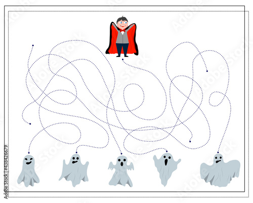 a game for kids maze, ghosts and dracula, halloween. vector isolated on white background