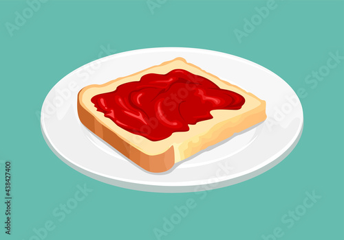 Red jam spread on toast bread. Plate of strawberry jelly sandwich. Vector illustration of breakfast in cartoon flat style.