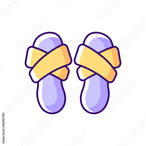 Cross band slippers RGB color icon. Footwear for lounging at home. Comfortable shoes. Domestic flip flops. Isolated vector illustration. Homeware and sleepwear simple filled line drawing