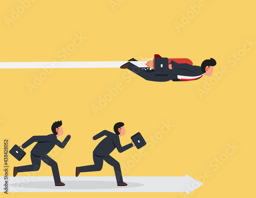 Business People  Run On Arrow and fliying with rocket. business competition and competitors