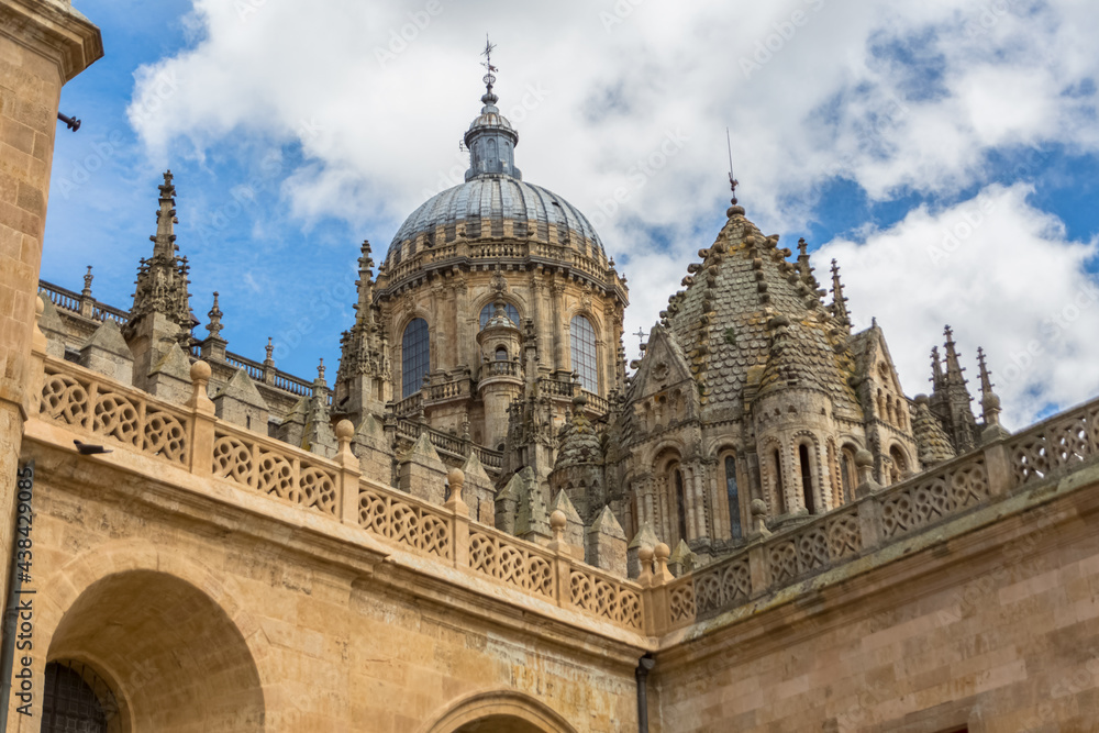 Majestic detail view at the gothic ornaments building at the Salamanca cathedral, main facade and tower cupola dome